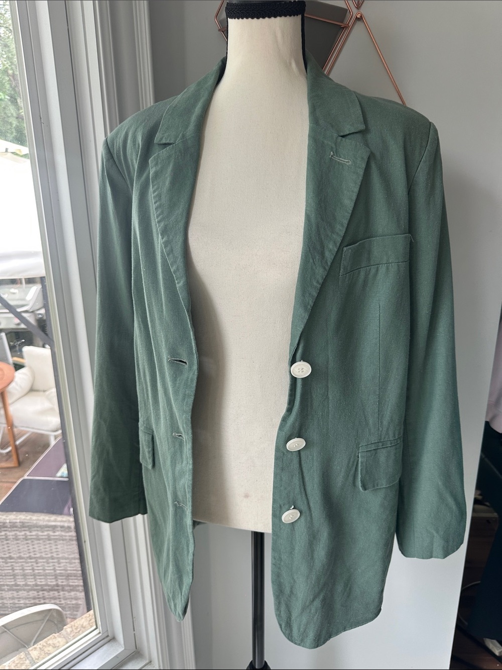 AVEC LES FILLES Linen Blend Classic Green Women's Oversized Blazer Jacket Medium